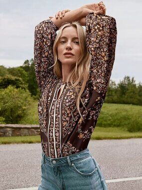 NWT$80 LOFT Floral Split Neck Blouse Brown Pink Cottagecore Peasant MED PETITE